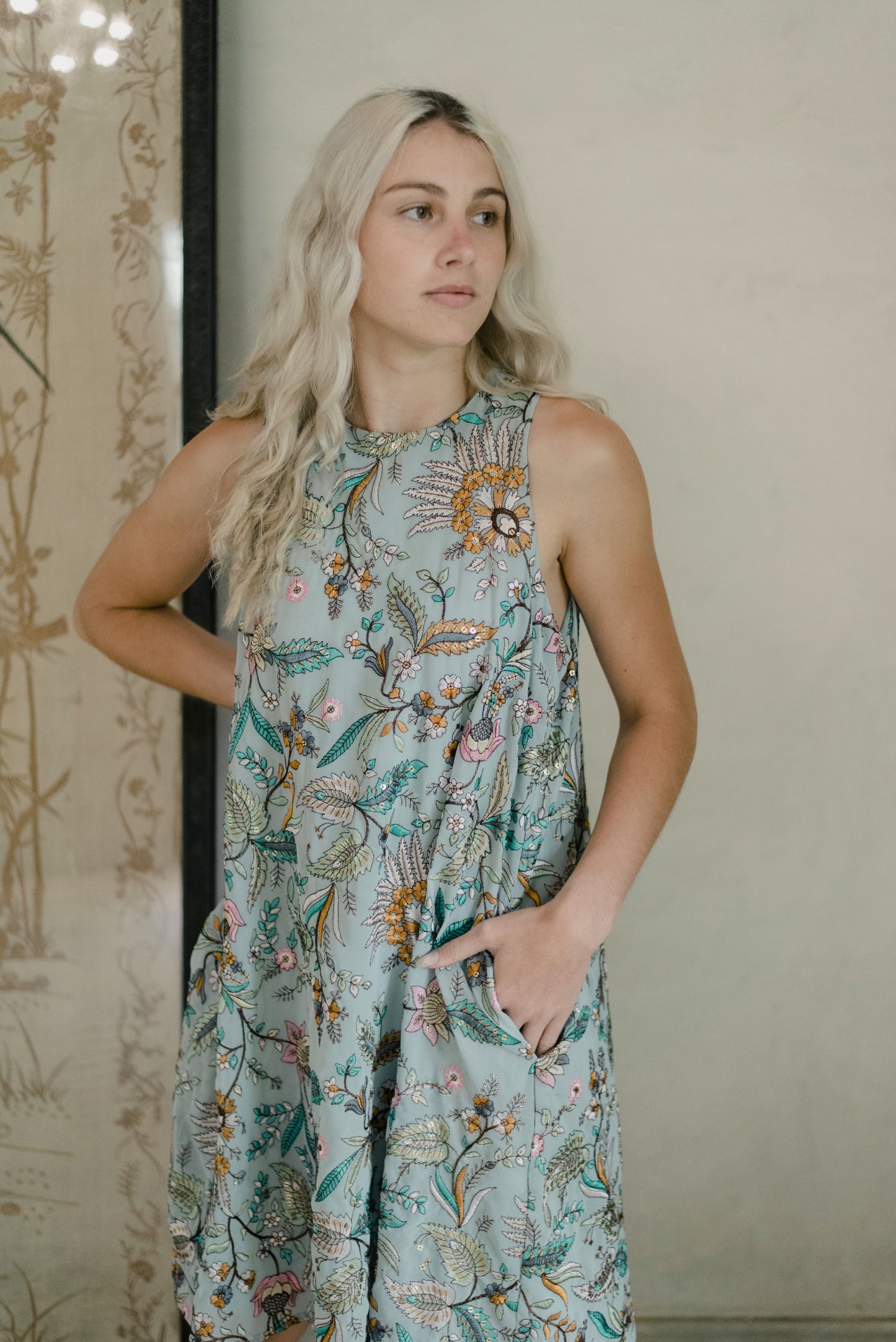Pale blue embroidered dress