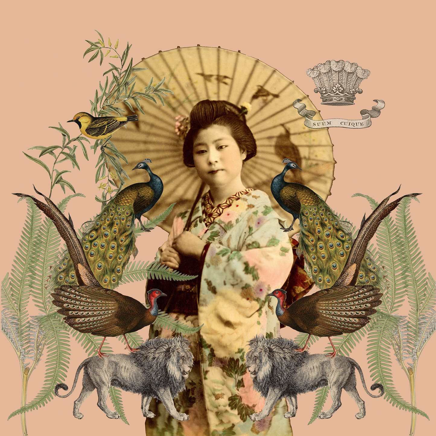 Geisha & Peacocks Scatter Cushion